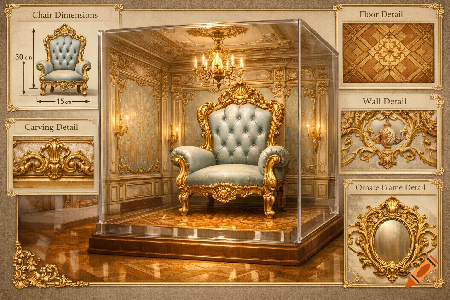 Highly detailed Rococo armchair in a glass display case inside an ornate room, with side panels showing dimensions and decorative elements.