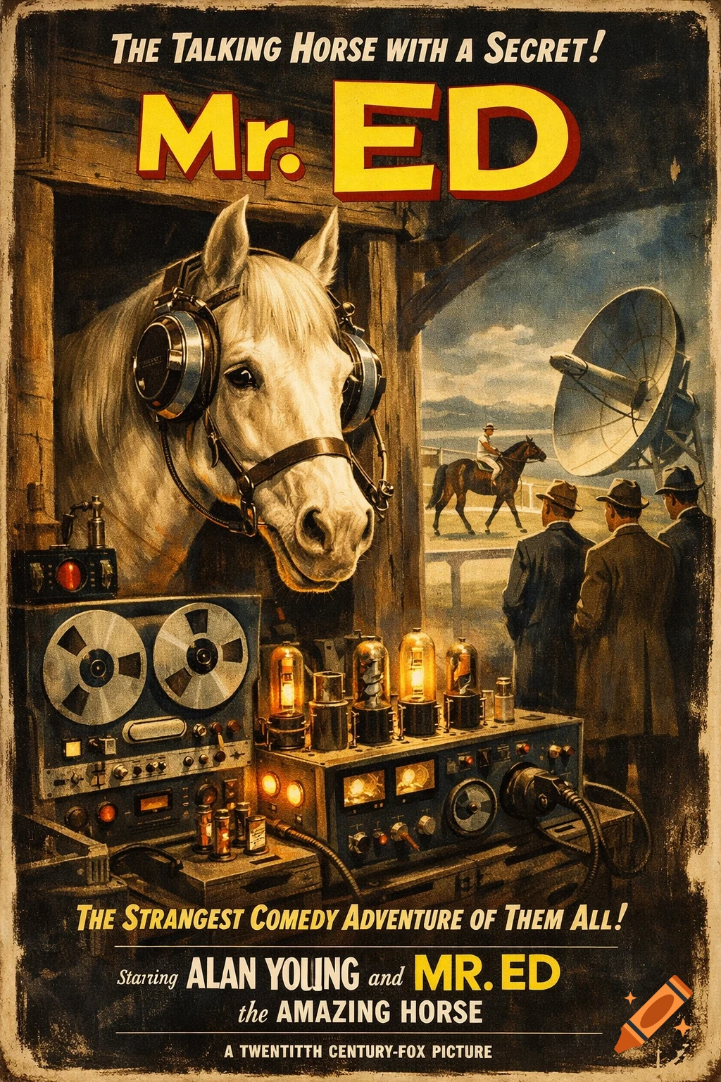 Vintage movie poster for Mr. Ed, featuring a white horse with headphones in a stable, surrounded by electronic gear. Men watch a racehorse and a satellite dish in the background.