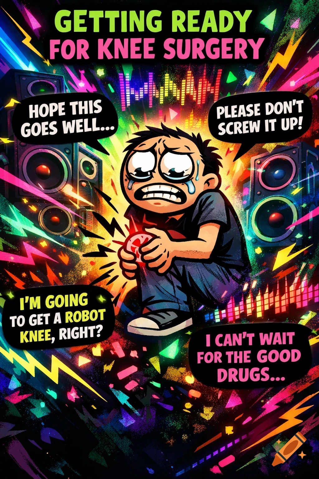 Cartoon man crying, holding his knee, surrounded by colorful abstract shapes and text about anxious thoughts before knee surgery, in a meme style.