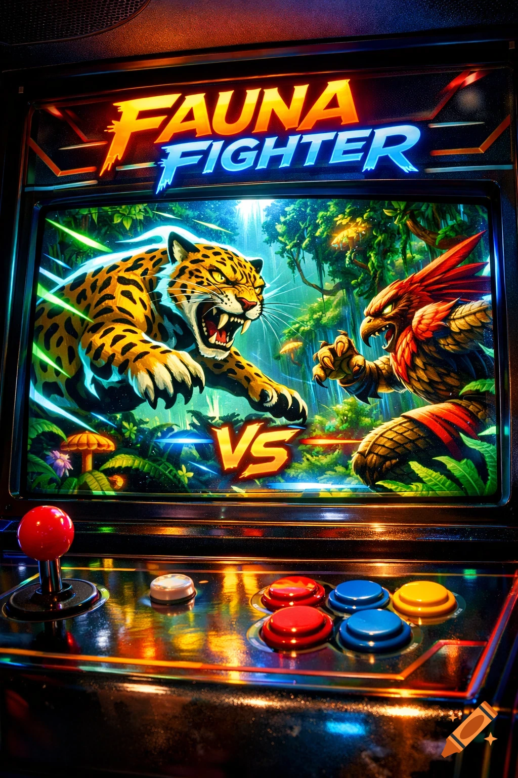 Close-up of an arcade machine screen titled 'FAUNA FIGHTER', showing a jaguar battling a bird creature in a lush jungle, with joystick and colorful buttons below.