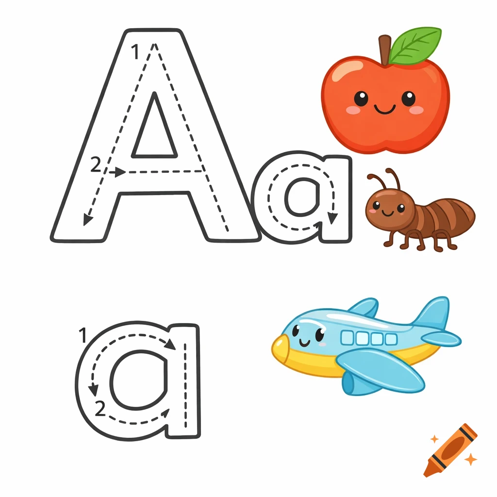 Educational sheet for kids with uppercase and lowercase A for tracing, a smiling apple, ant, and airplane.