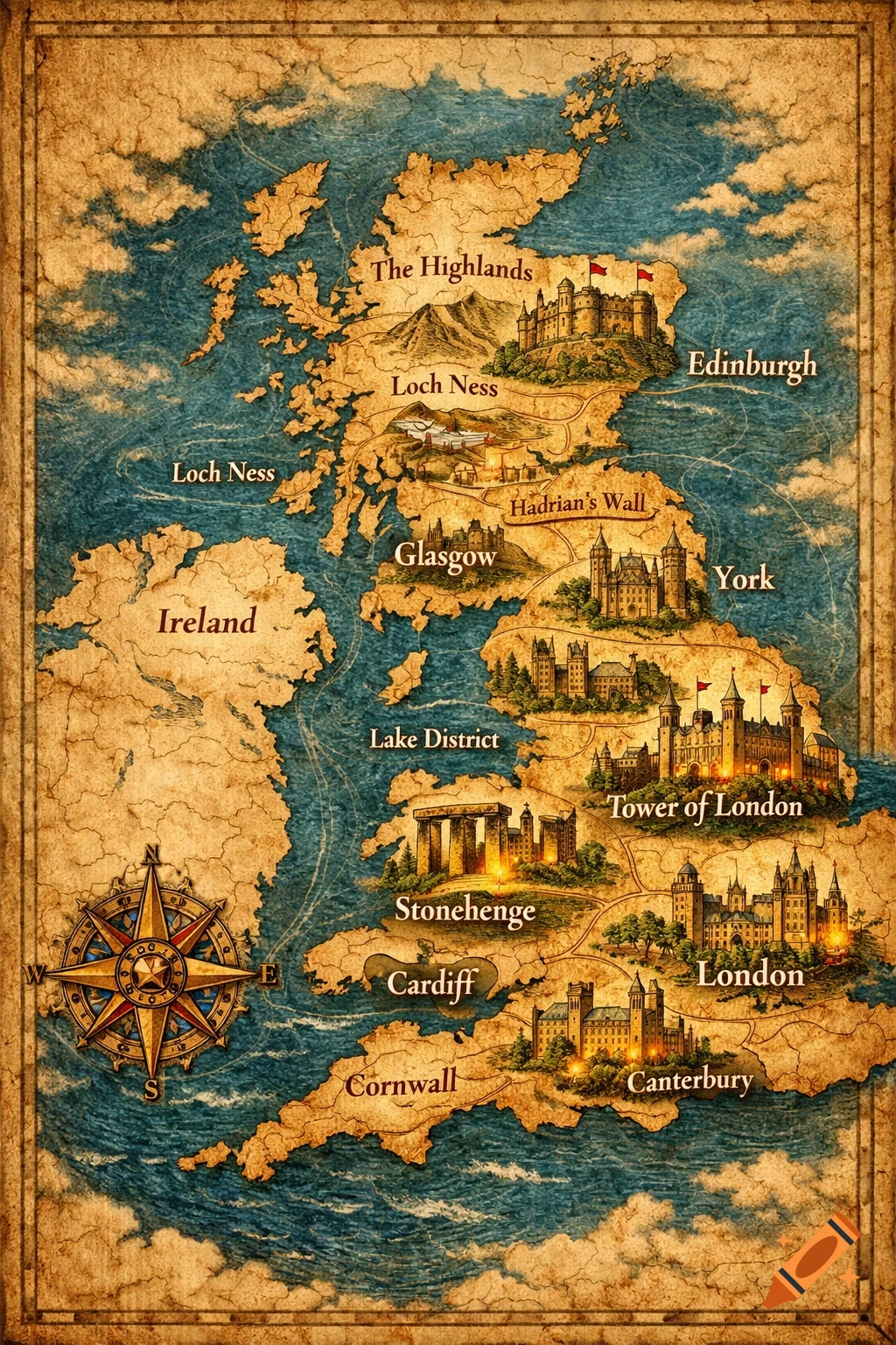 Vintage map of the United Kingdom, featuring major landmarks and cities like London, Edinburgh, Stonehenge, and Hadrian's Wall, with a compass rose.