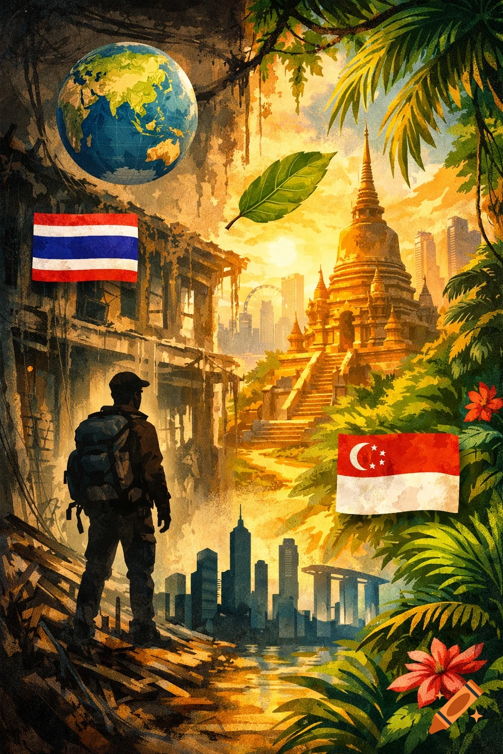 Watercolor illustration of a traveler looking at a golden temple and city, with Thailand and Singapore flags, globe, and lush nature.