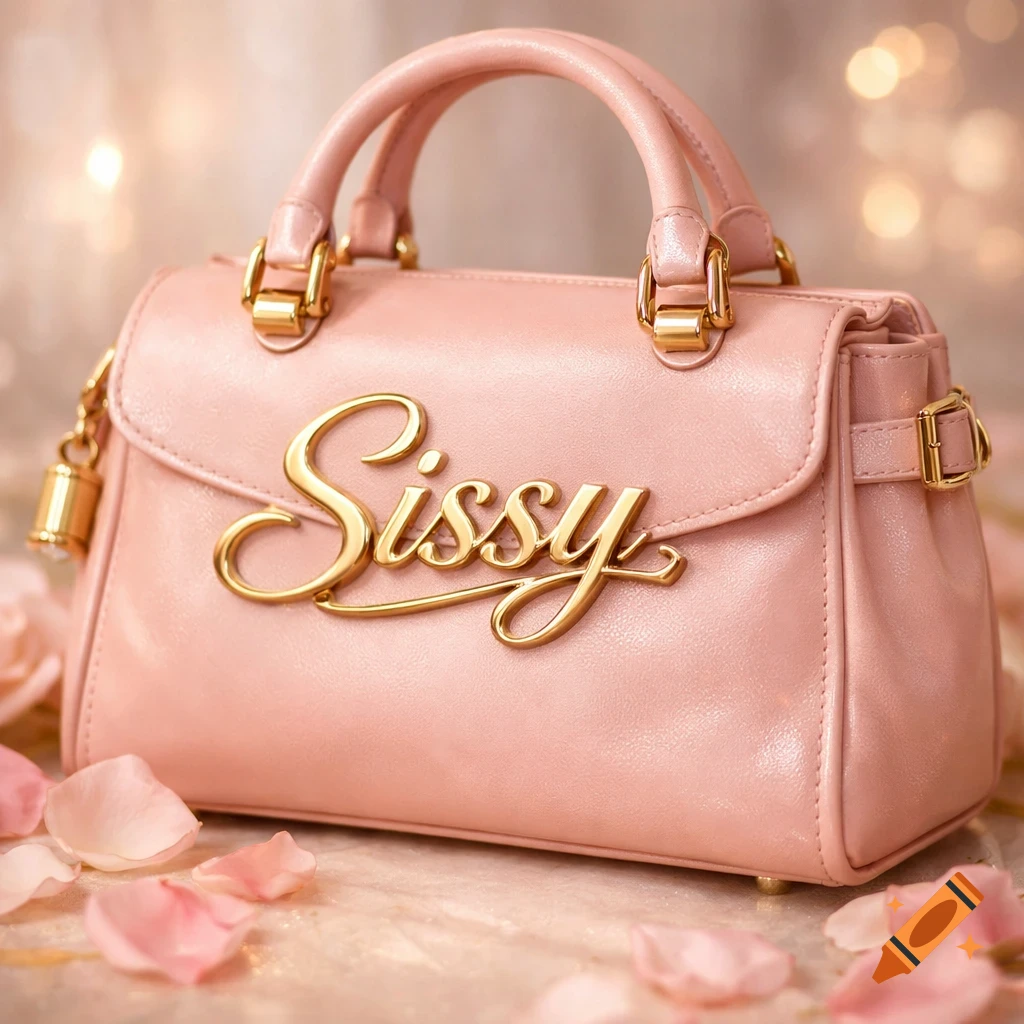 A close-up of a pink leather handbag with gold hardware, featuring the word "Sissy" in golden script letters on the front. Pink rose petals are scattered around the base of the bag, against a blurred, warm background with bokeh lights.