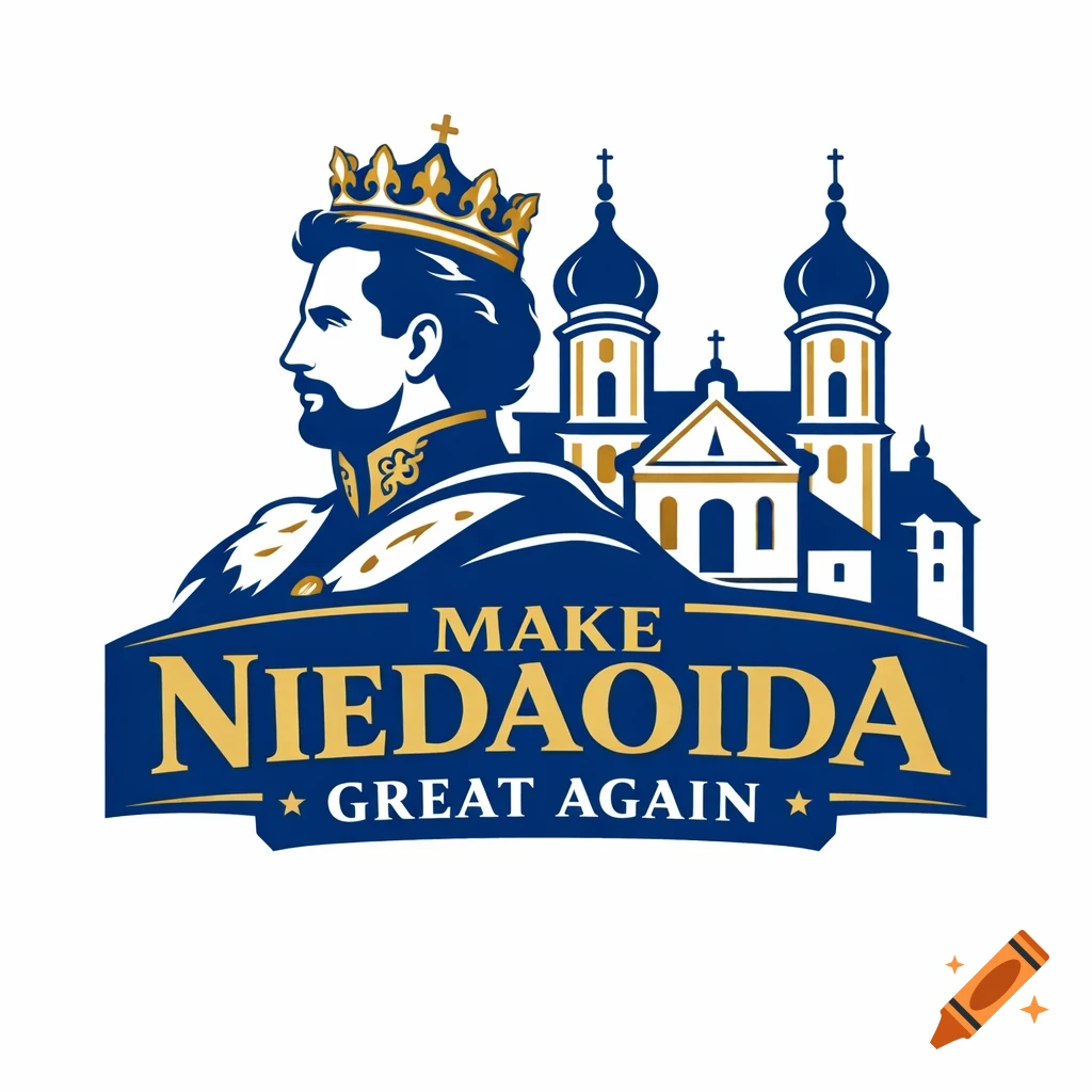 Blue and gold logo with a profile of King Ludwig II, a church, and the text 'MAKE NIEDAOIDA GREAT AGAIN'.