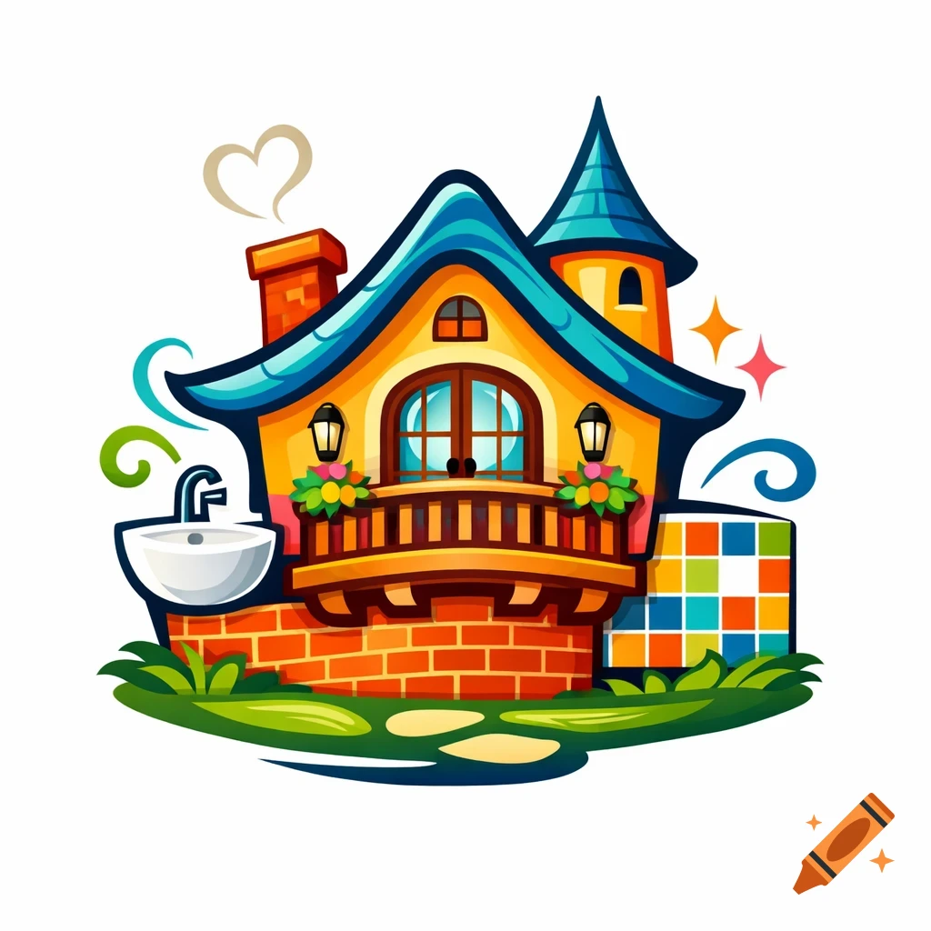 A whimsical, colorful cartoon house logo with a blue roof, orange brick base, balcony, white sink, and checkered wall, on a grassy patch.