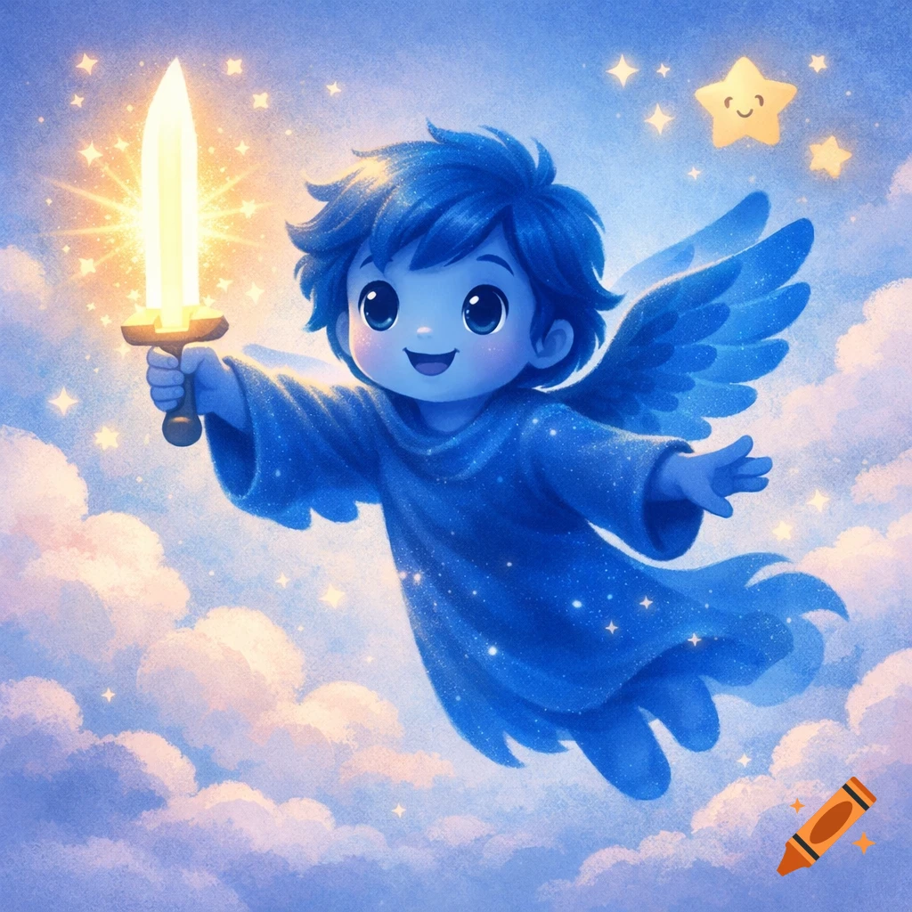 A cute blue angel child with wings flies in a starry sky, holding a glowing sword, in a child-friendly illustration.