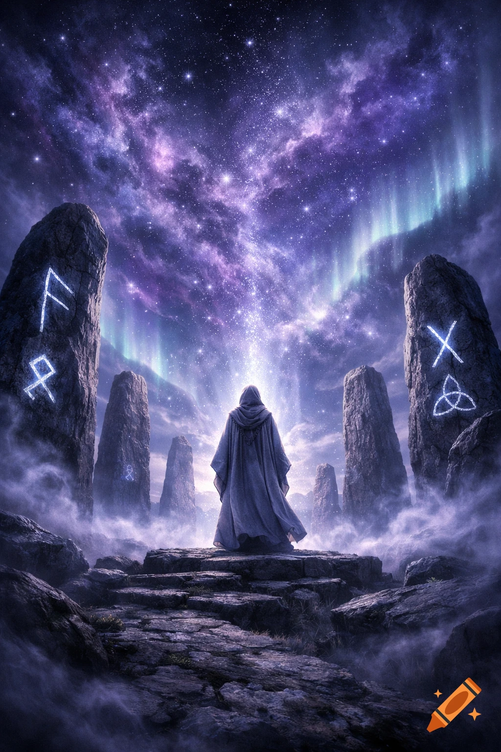 A robed figure stands on rocky steps surrounded by runic monoliths under a vibrant purple starry sky with green aurora.