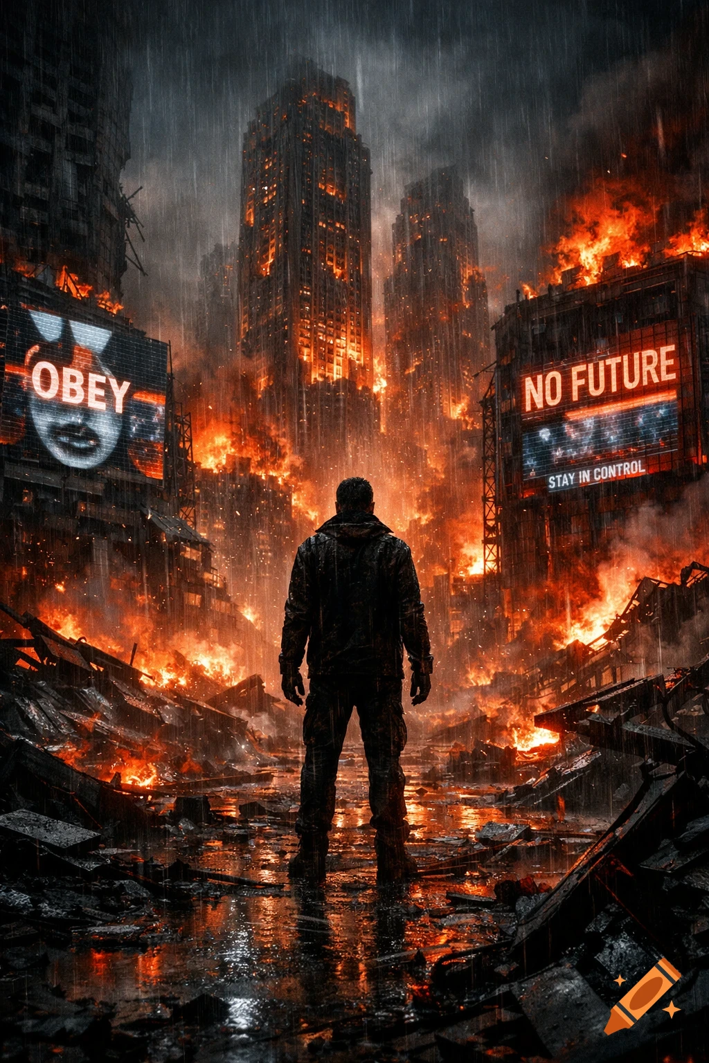 A lone figure stands in a rain-soaked, burning dystopian city under neon propaganda signs.