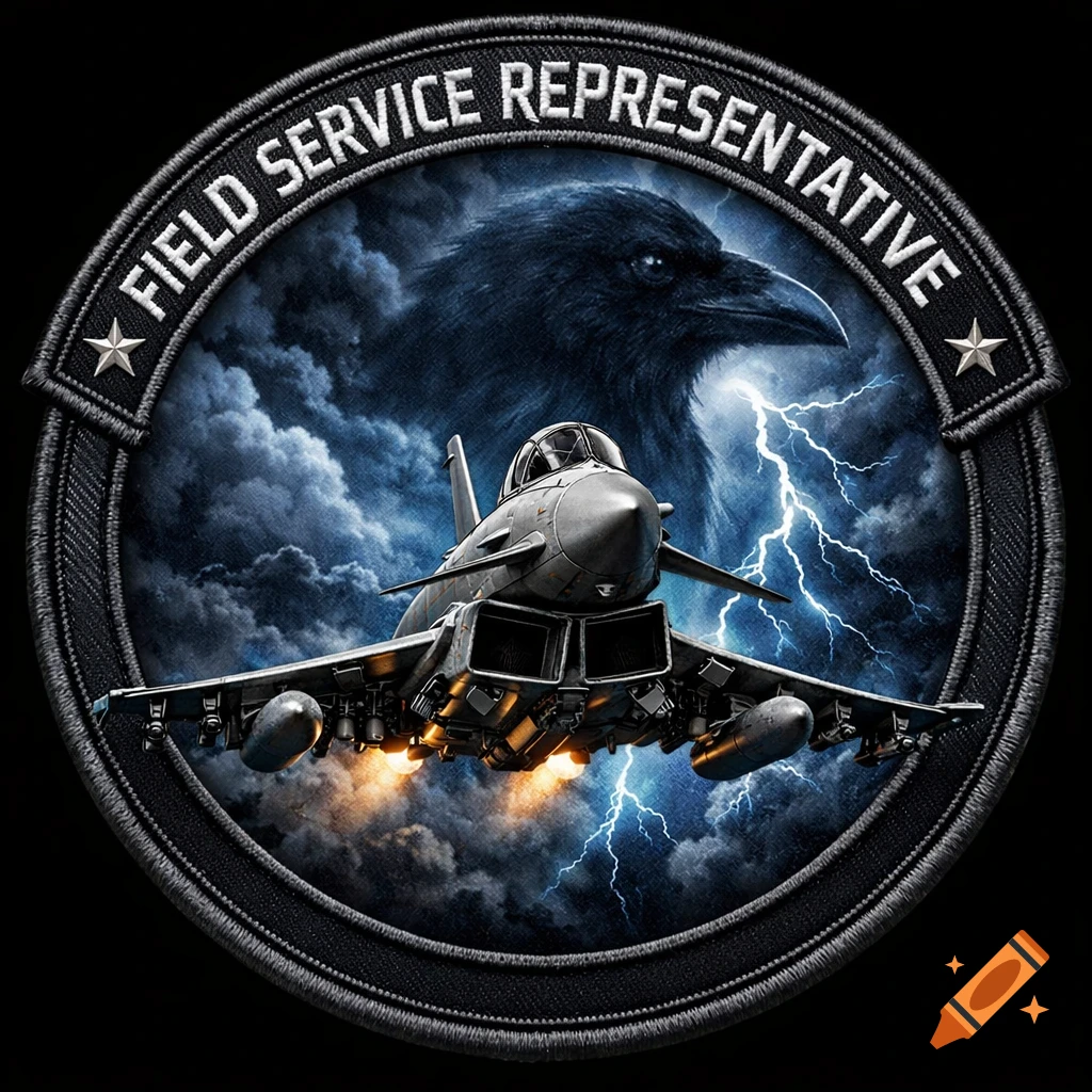 A detailed military patch features a Eurofighter Typhoon jet, a raven, lightning, and stormy clouds. Text: FIELD SERVICE REPRESENTATIVE.