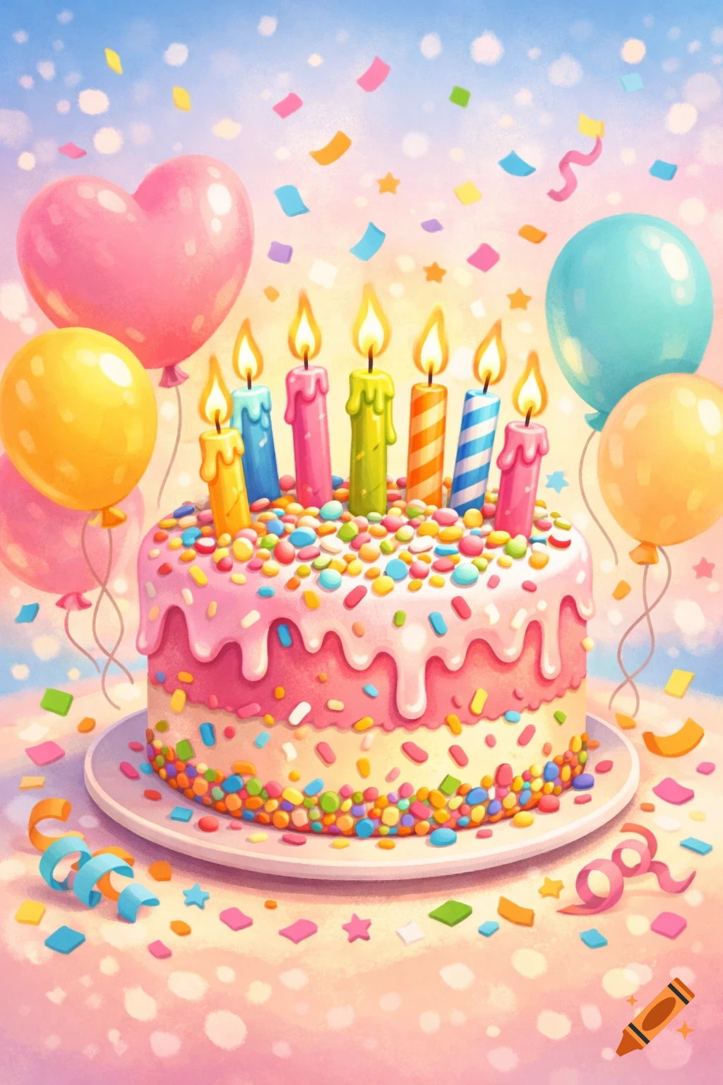 A vibrant, colorful birthday cake with seven lit candles, pink frosting, sprinkles, surrounded by balloons and falling confetti.