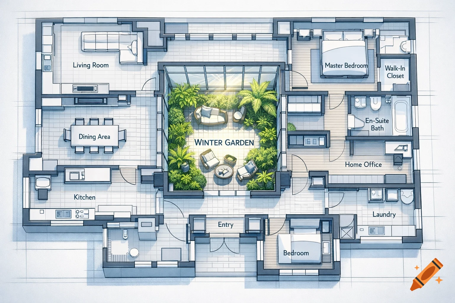 Detailed architectural floor plan showing rooms like living room, kitchen, master bedroom, and a central winter garden.