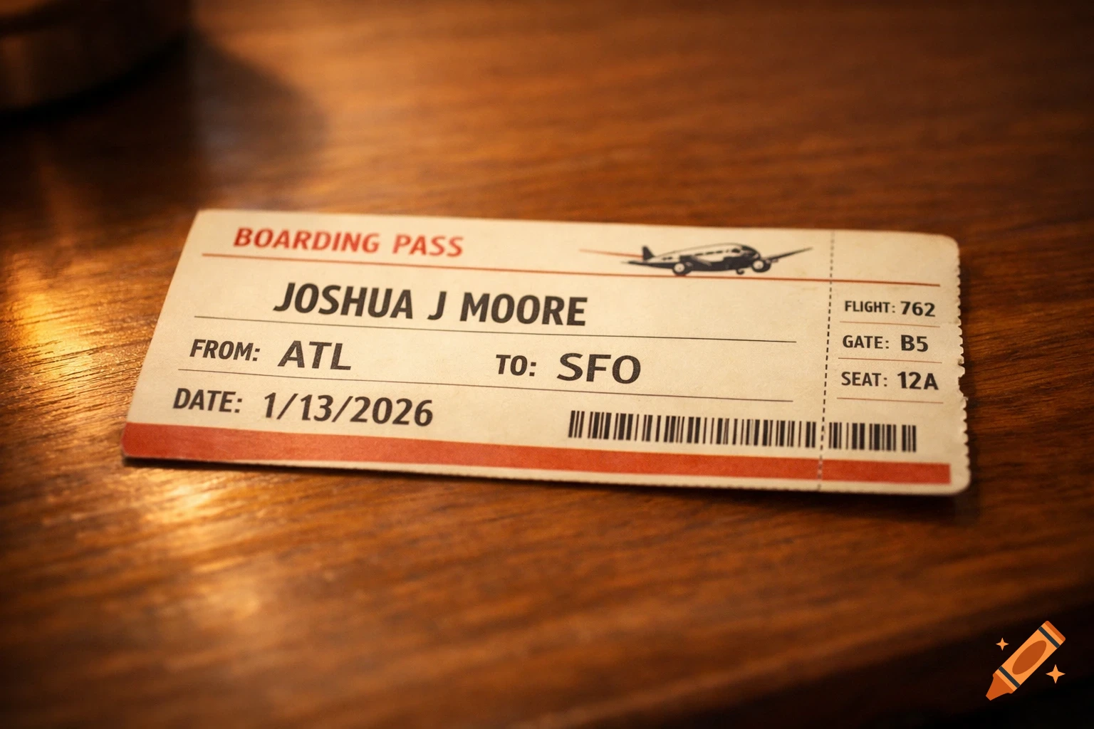 A close-up, photorealistic image of a boarding pass for Joshua J Moore from ATL to SFO on 1/13/2026, lying on a wooden table.