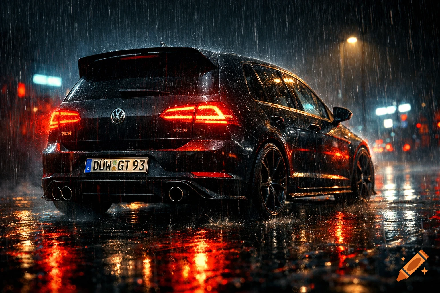 A black Volkswagen Golf TCR is seen from the rear, parked on a wet street at night in heavy rain, with glowing red taillights and reflections.