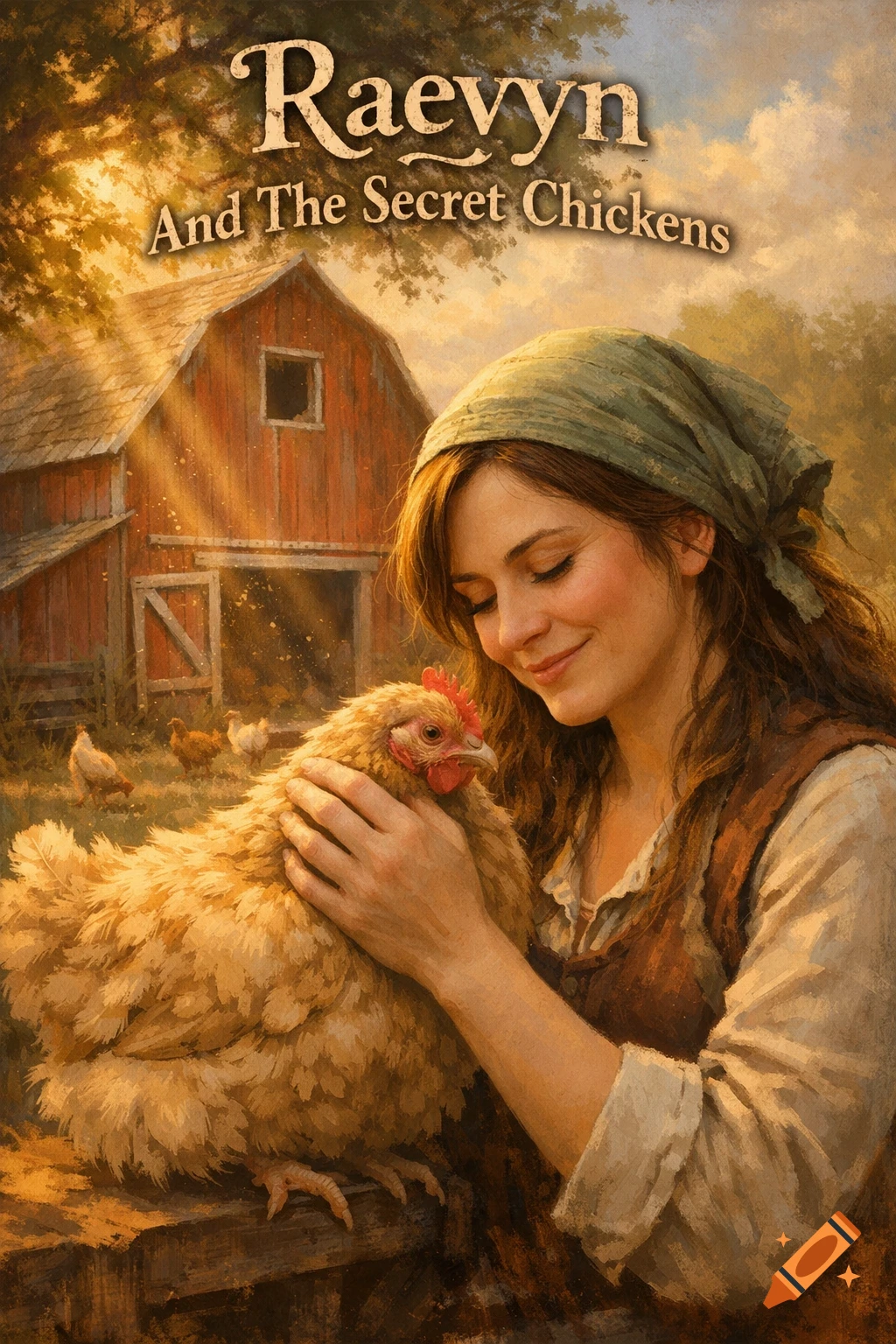 Painterly image of a woman petting a chicken in front of a red barn, with the title 'Raevyn And The Secret Chickens'.