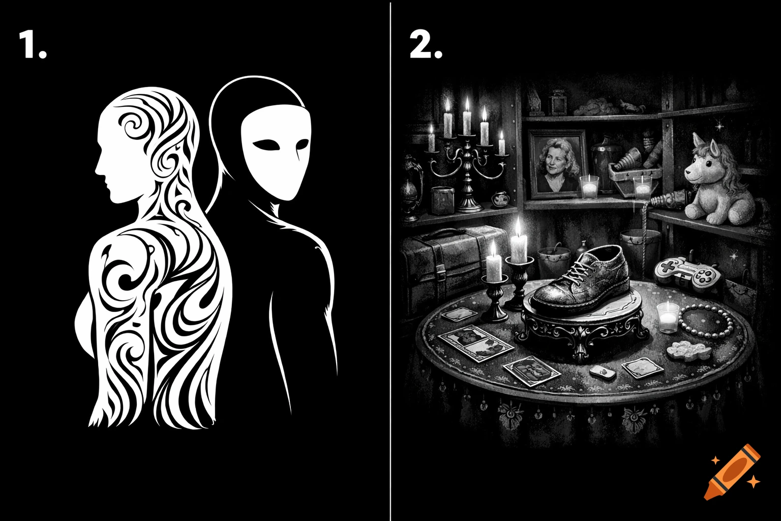 Two black and white designs: one with two stylized figures, the other a seance room with a shoe, candles, and mystical objects.