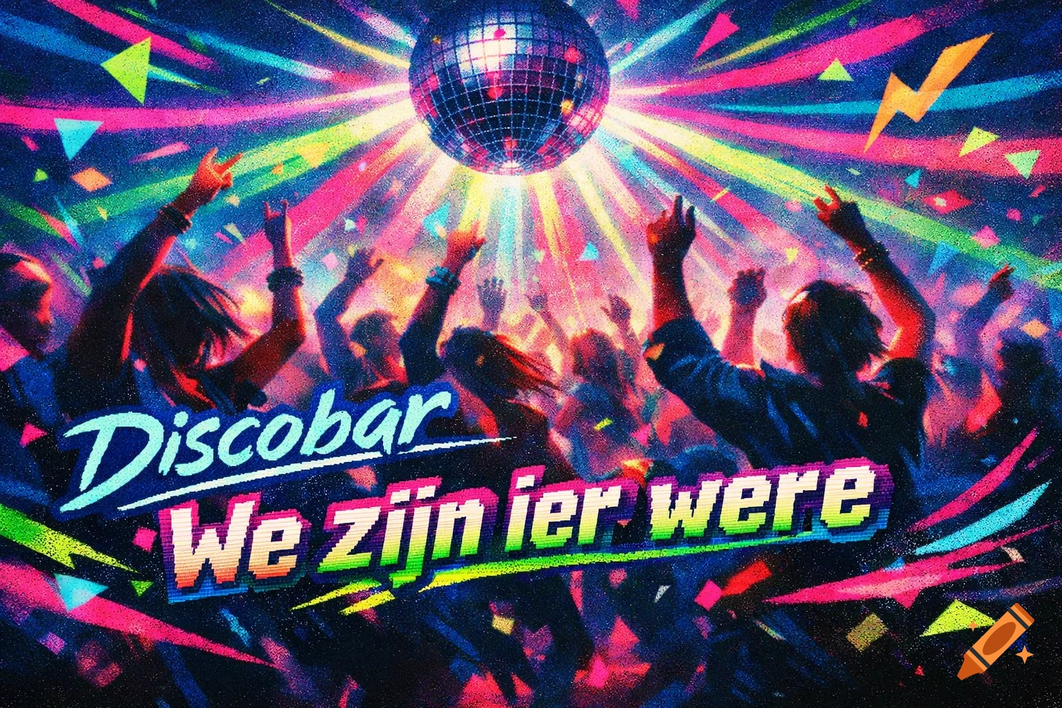 A vibrant retro disco party banner featuring silhouetted dancers, a disco ball, and neon text 'Discobar We zijn ier were'.