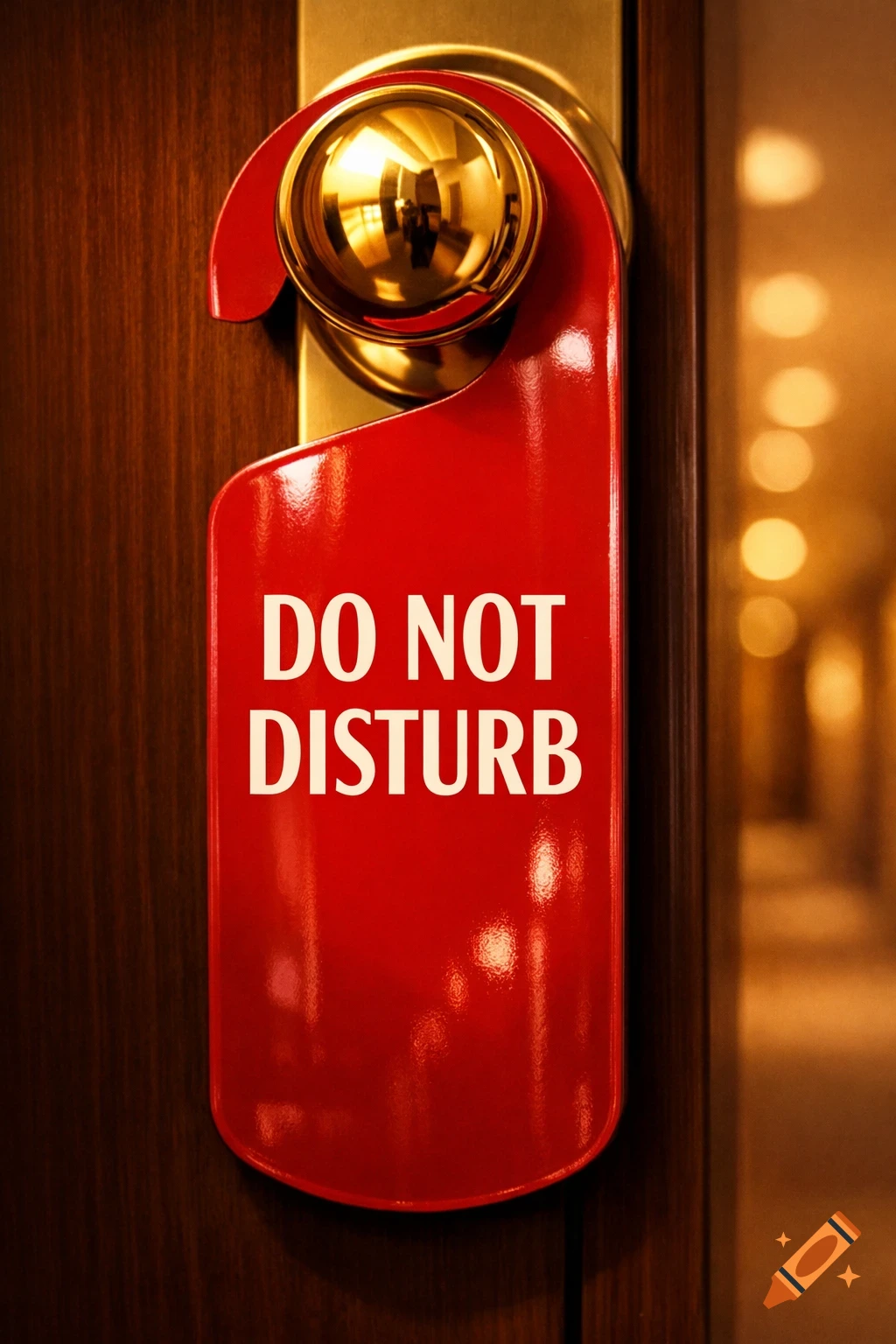 A red 'DO NOT DISTURB' sign hangs on a golden doorknob of a wooden hotel room door, with a blurred hallway in the background.