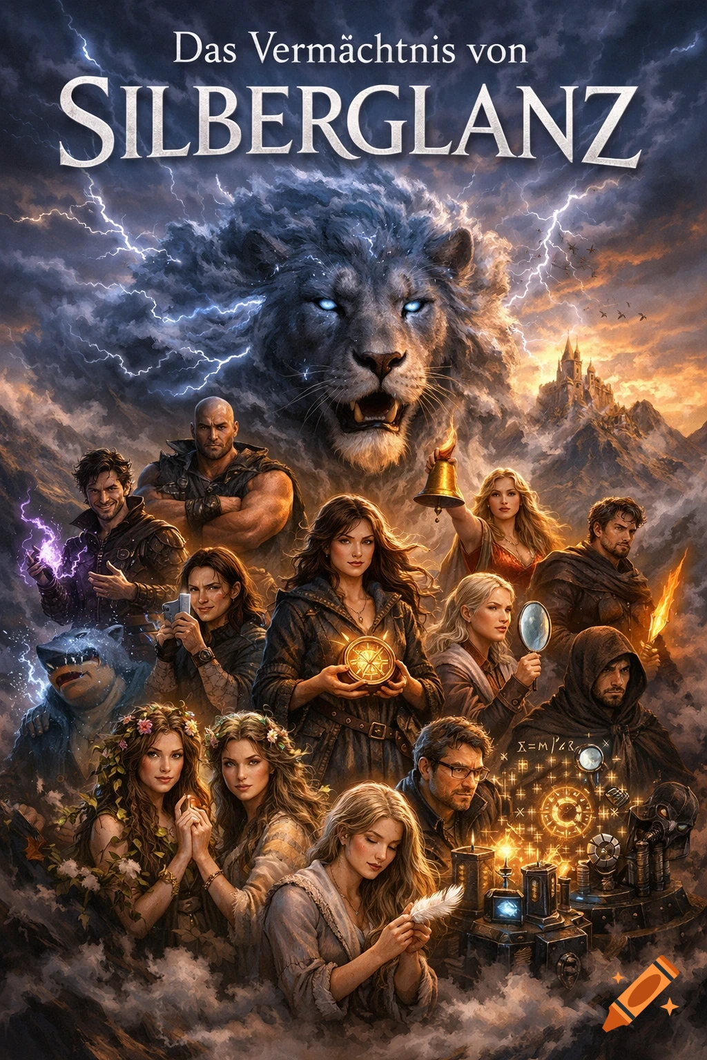 A dramatic fantasy book cover featuring a giant lion with glowing eyes and lightning, overlooking a group of diverse characters holding magical items. A castle sits in the stormy background.