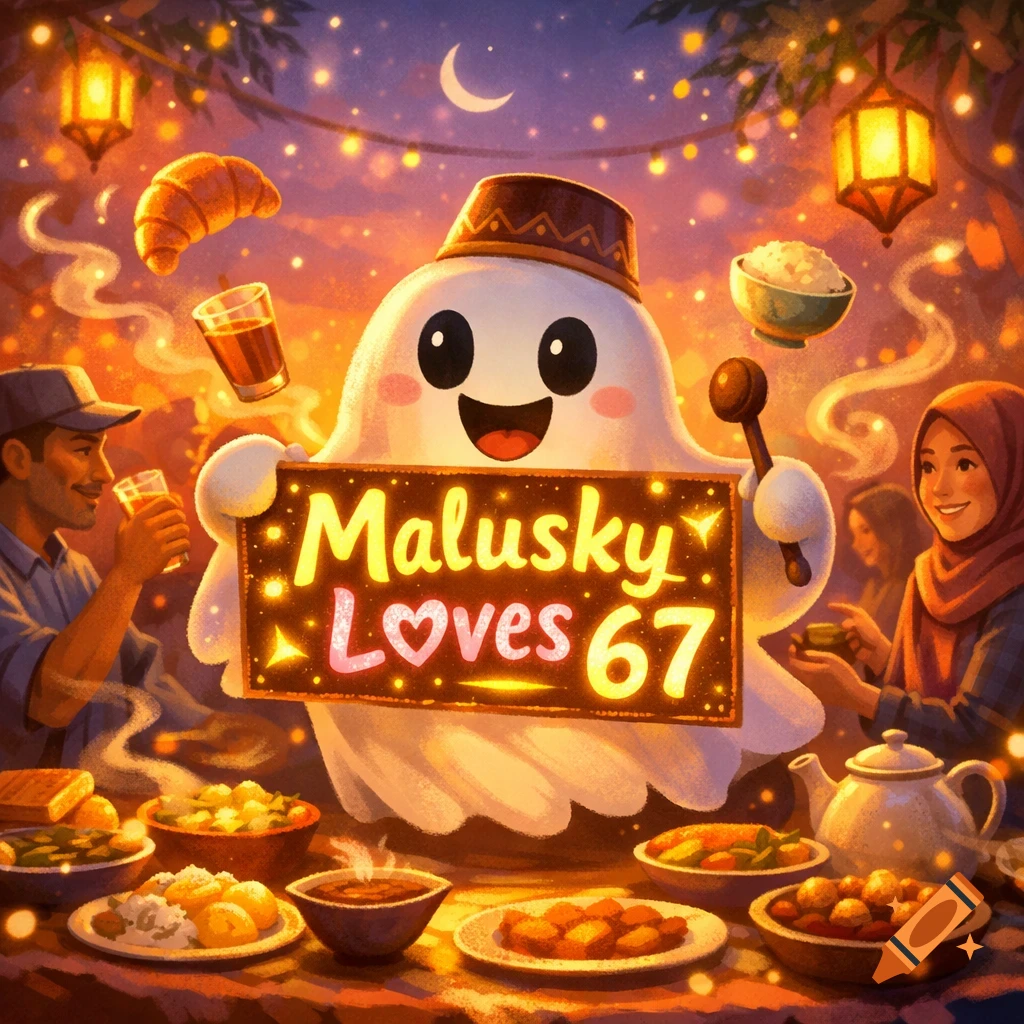 A vibrant cartoon illustration of a happy ghost holding a sign "Malusky Loves 67" at a festive night meal with people and lanterns.