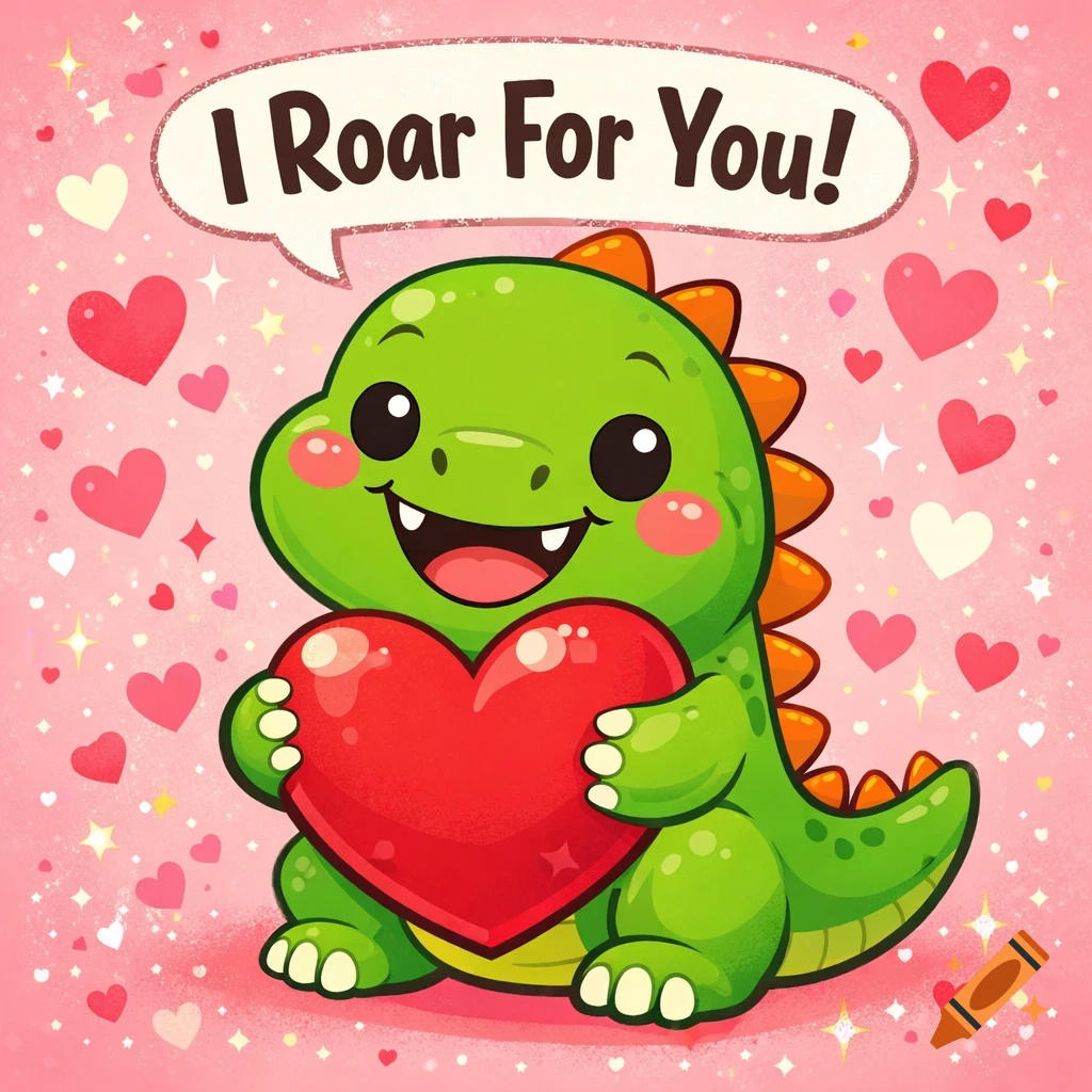A cute green cartoon dinosaur holds a red heart on a pink background with hearts and sparkles. A speech bubble says 'I Roar For You!'