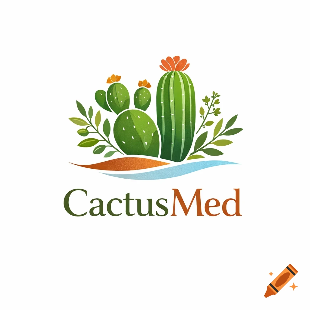 A stylized logo featuring green cacti with orange flowers and leaves over an orange and blue wavy base, with 'CactusMed' text below.