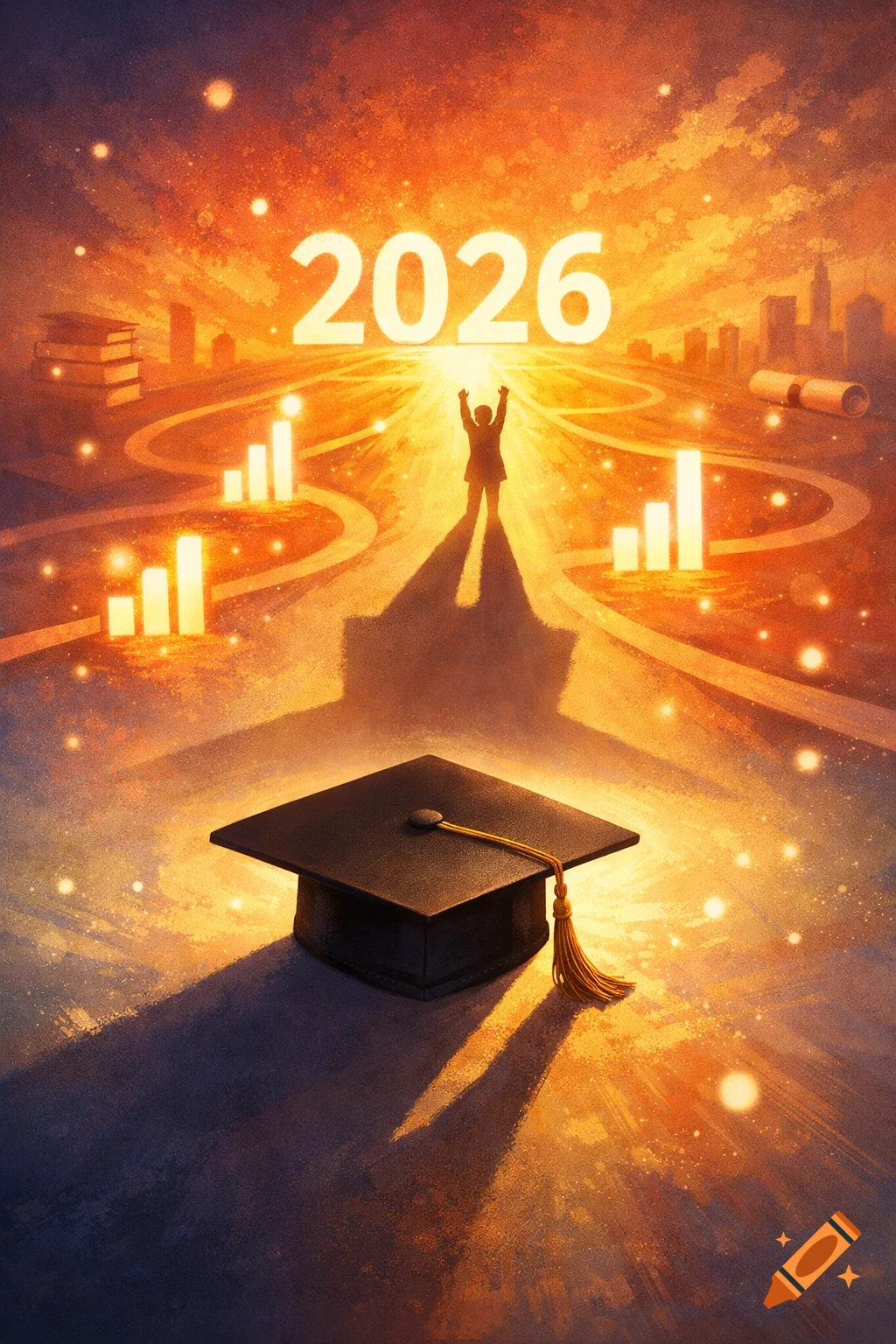 A vibrant illustration with a graduation cap, a person celebrating under glowing '2026', and symbols of education and success.