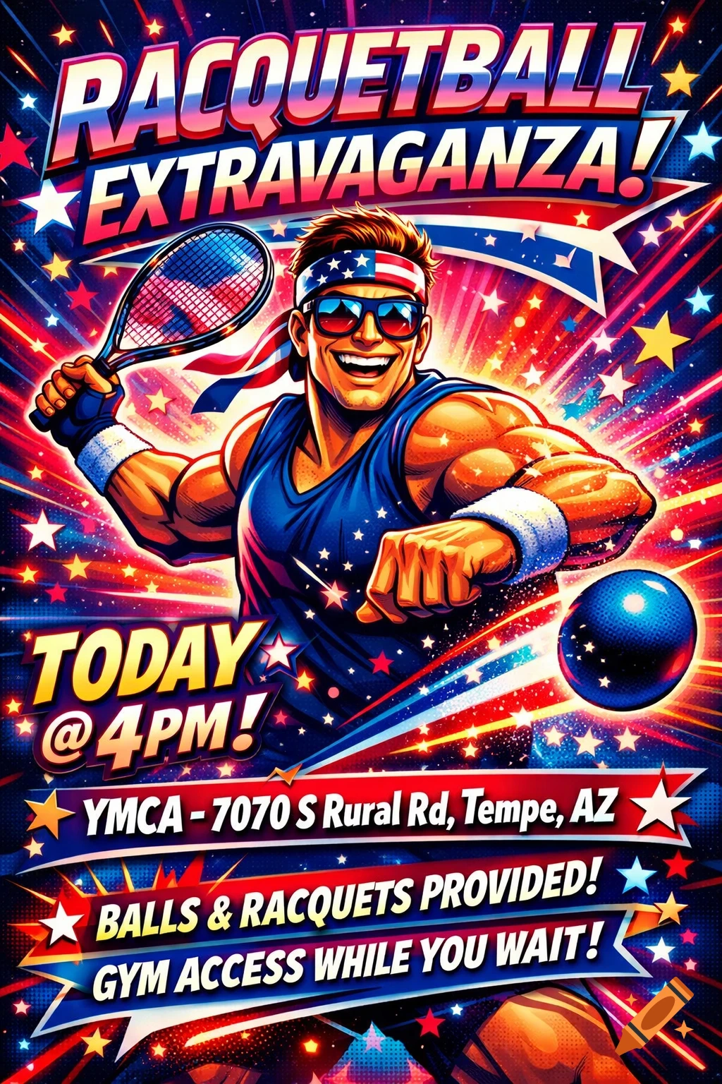 A vibrant, patriotic poster for a racquetball extravaganza featuring a muscular man in sunglasses and an American flag headband, holding a racket, surrounded by stars and glowing lights. Text details event info.