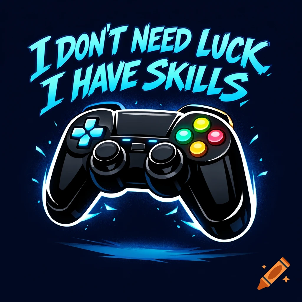 A vibrant vector art of a black gaming controller with glowing buttons and blue light, below blue text reading 'I DON'T NEED LUCK I HAVE SKILLS'.