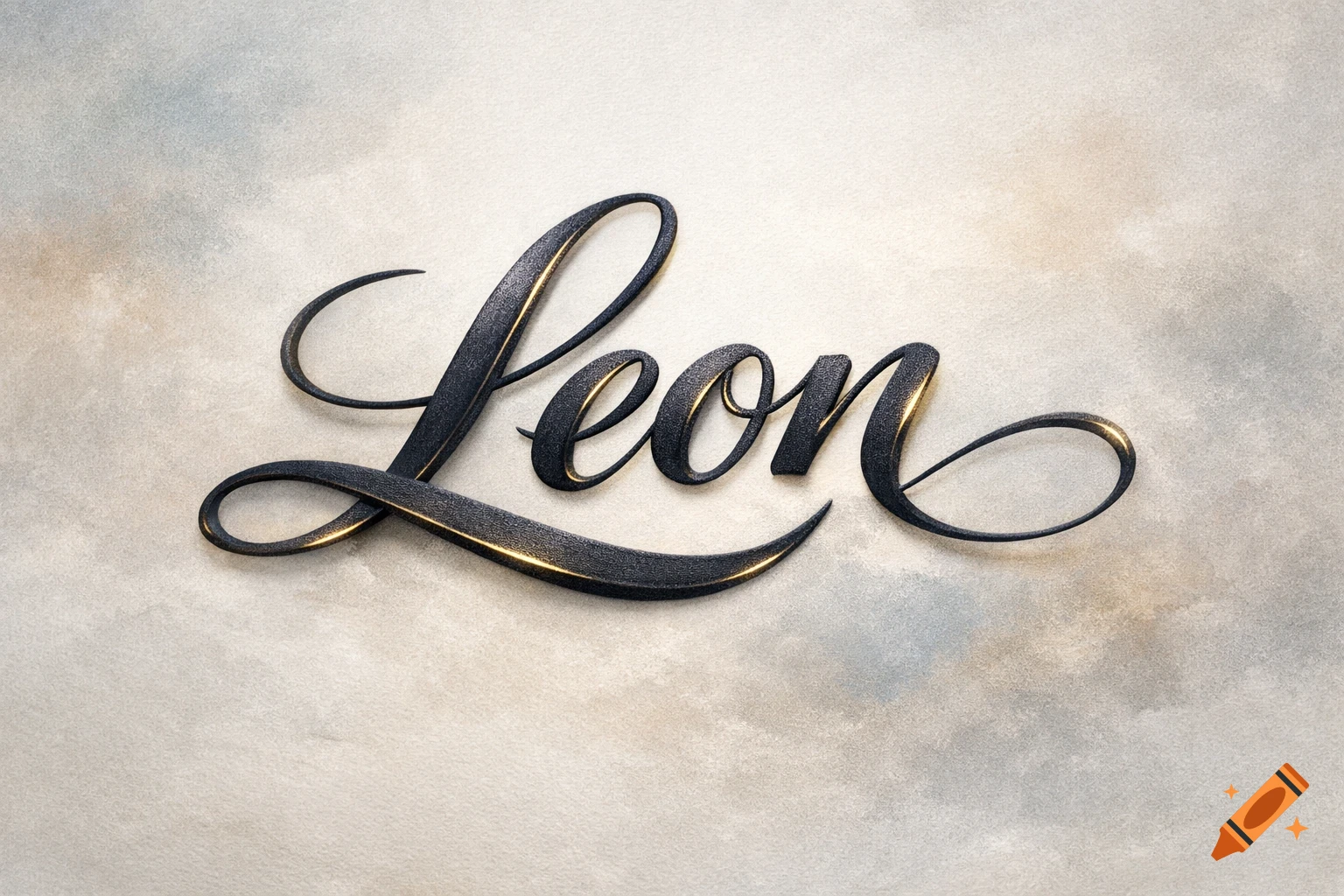 The name 'Leon' rendered in ornate, textured black cursive script with gold highlights on a light, subtly textured background.