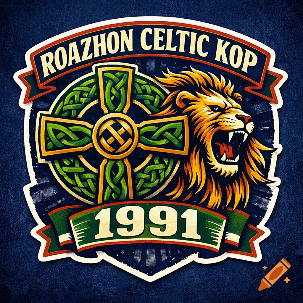 A vibrant sticker-style logo featuring a roaring lion's head, a green Celtic cross, and the text 'ROAZHON CELTIC KOP 1991' on banners.