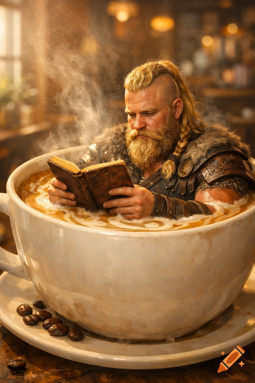 A blonde, bearded Viking man in fur and armor sits in a giant coffee cup, reading a book with steam rising around him.