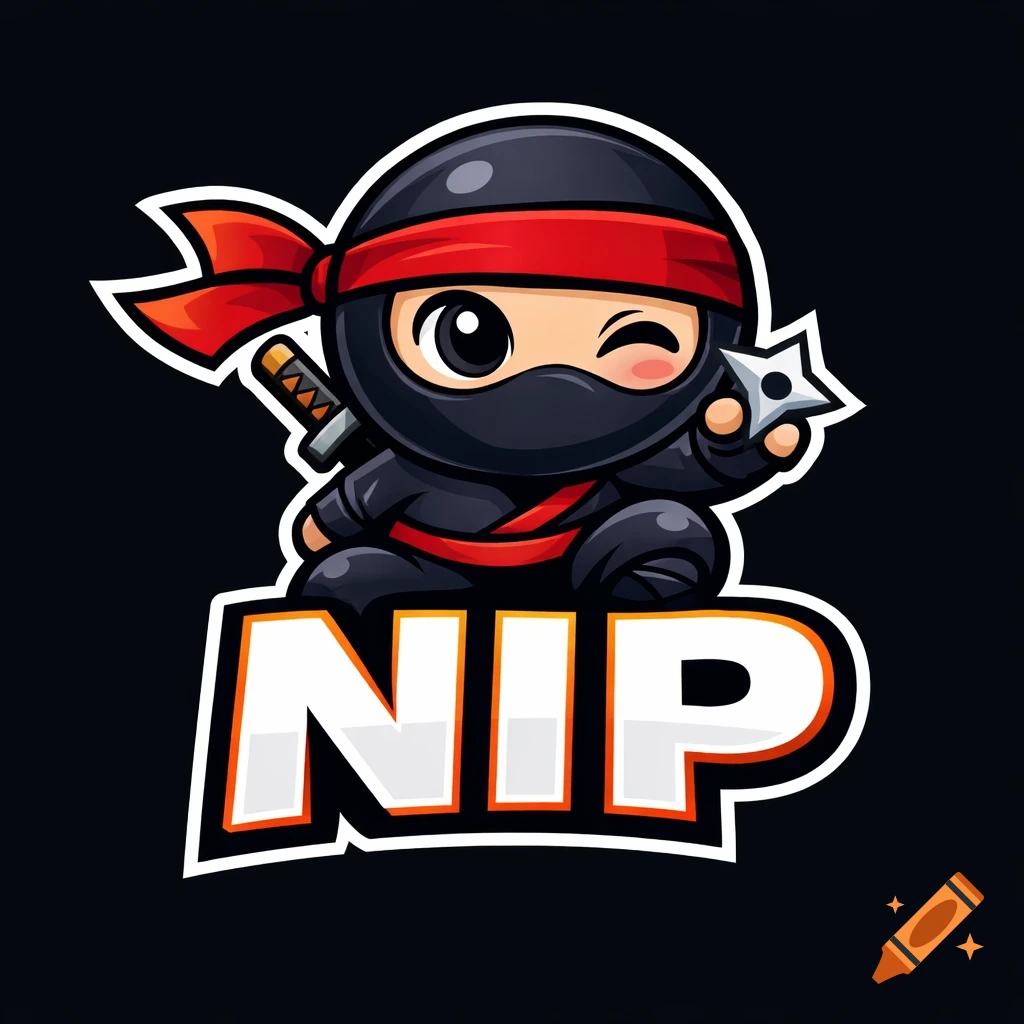 Cute cartoon ninja mascot logo, winking and holding a shuriken, with the text NIP below.