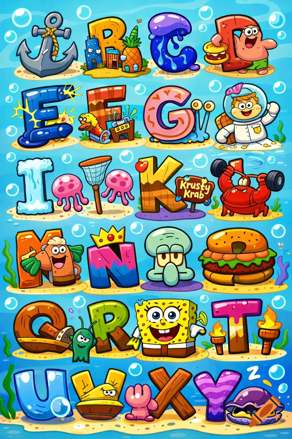 Vibrant cartoon poster of the English alphabet, with each letter styled as a Spongebob Squarepants character or underwater object.