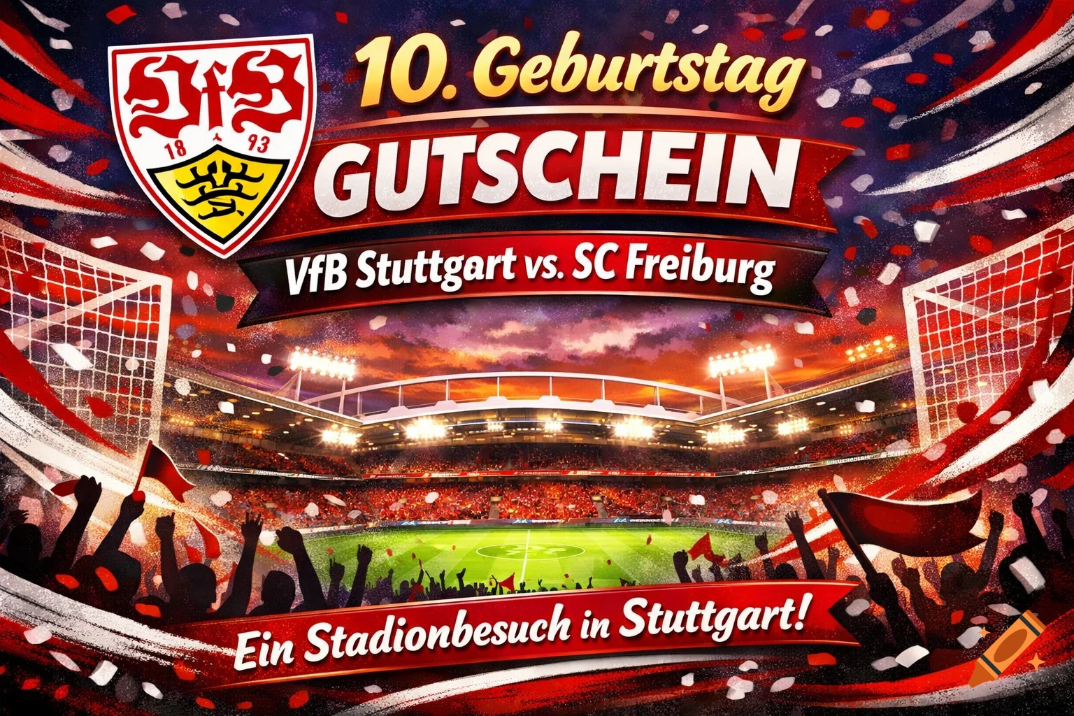 Vibrant illustration of a football stadium with a crowd, goalposts, and text: '10. Geburtstag GUTSCHEIN VfB Stuttgart vs. SC Freiburg'.