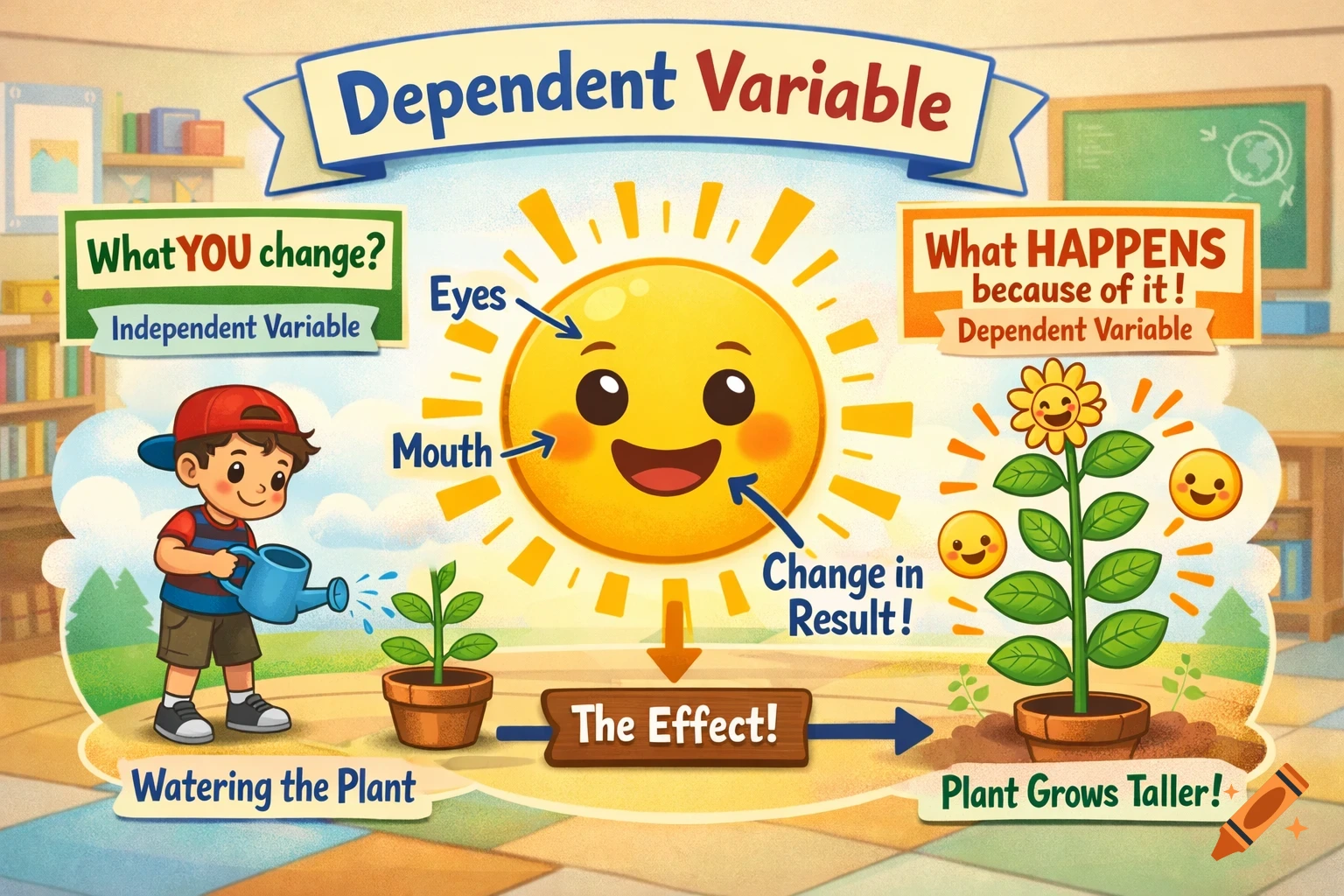 Colorful cartoon diagram explaining dependent and independent variables with a boy watering a plant.