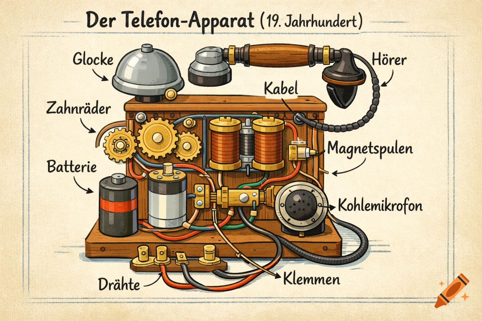 Cartoon diagram of a 19th-century telephone's internal components, labeled in German with parts like bell, gears, battery, and receiver.