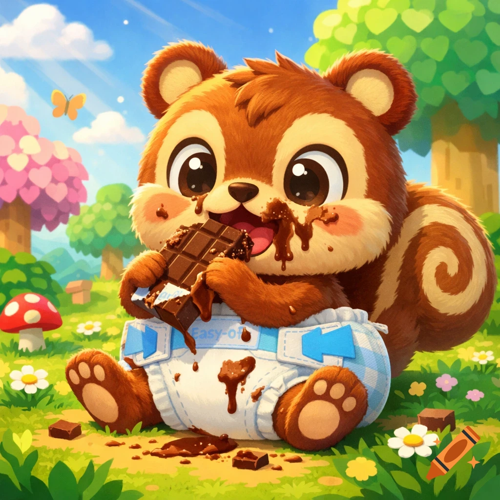 A cute, messy, cartoon squirrel in a diaper happily eats a chocolate bar amidst colorful trees and flowers.
