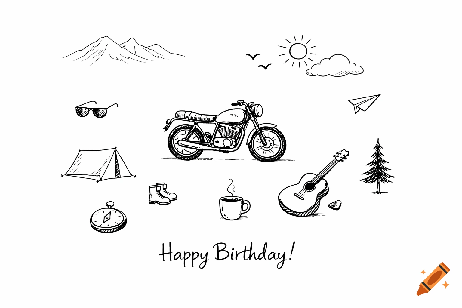 A collection of black and white line art sketches including a motorcycle, mountains, tent, guitar, and 'Happy Birthday!' text.