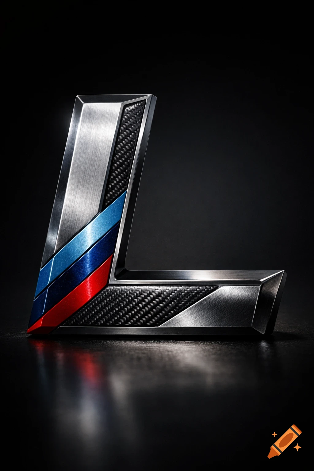 A 3D metallic letter L, styled with brushed steel, carbon fiber, and diagonal light blue, dark blue, and red stripes, on a dark background.