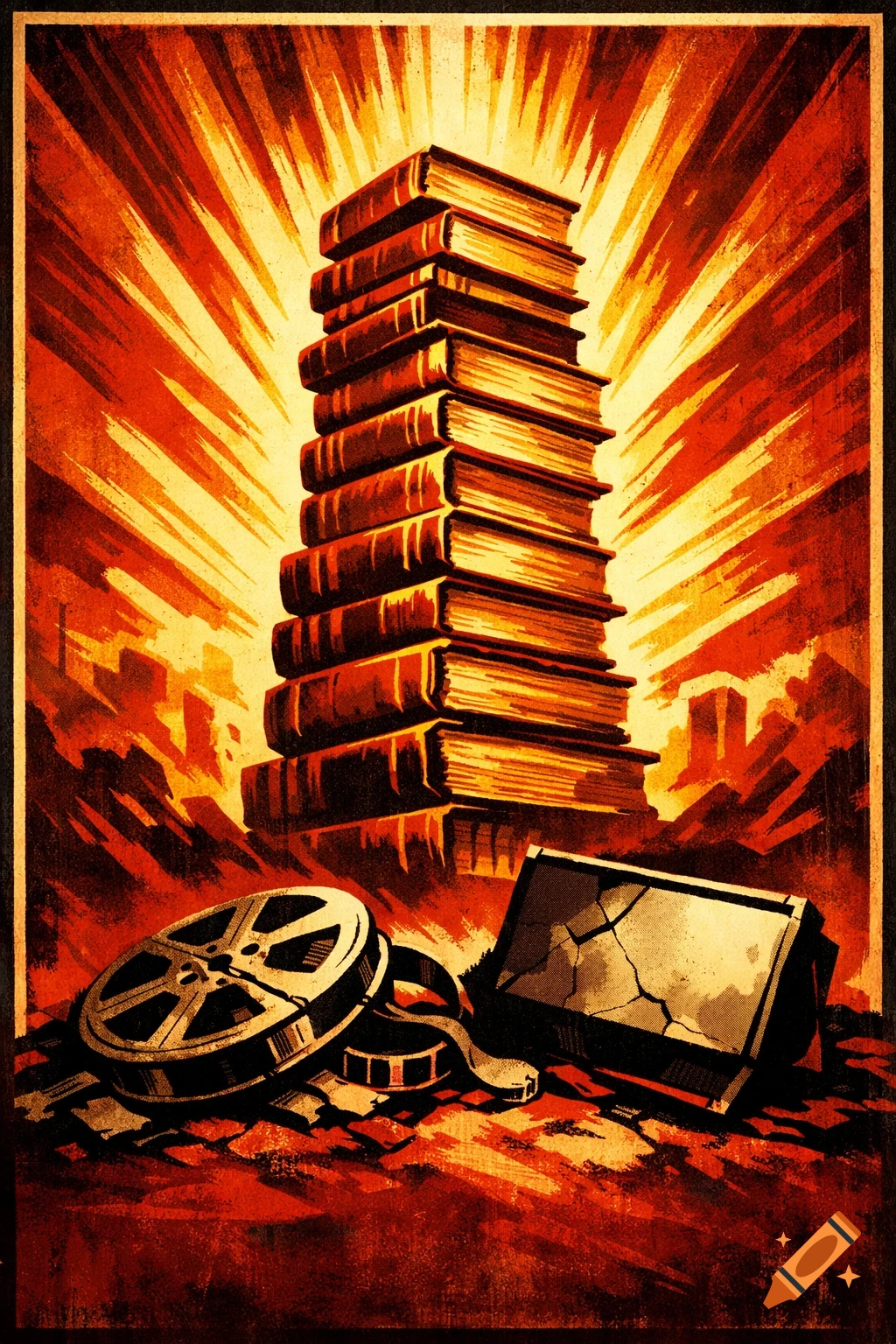 Vintage propaganda poster with a glowing stack of books towering over a film reel and broken screen, in dramatic red and gold.