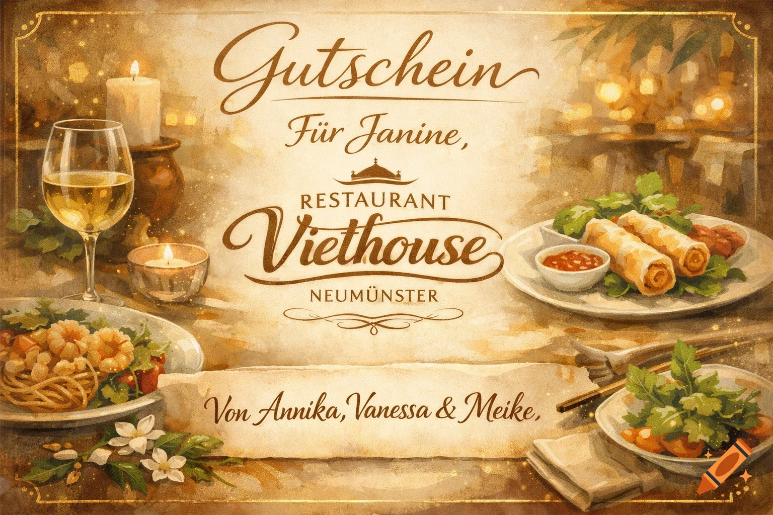 A watercolor-style restaurant voucher for 'Viethouse Neumünster' with food, wine, and candles on a warm background.