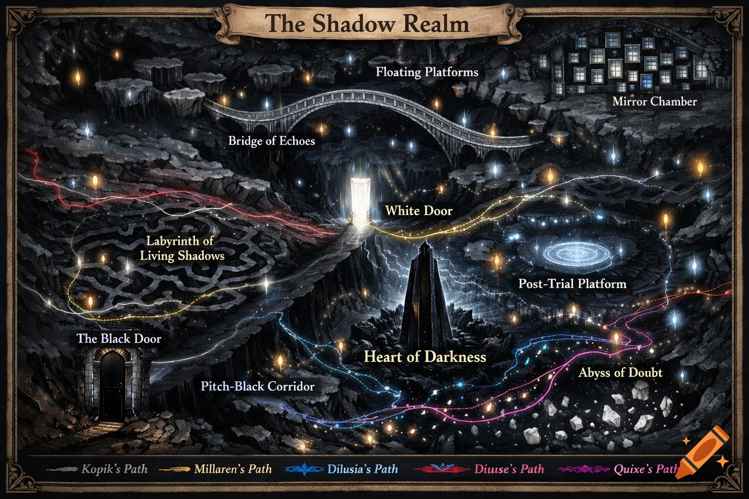 A dark fantasy map titled 'The Shadow Realm,' featuring glowing paths, floating platforms, a bridge, a labyrinth, a mirror chamber, and various named locations like 'Heart of Darkness' and 'Abyss of Doubt.'