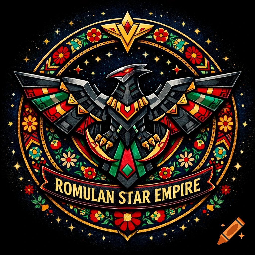 A colorful, stylized black eagle logo with red, green, and gold accents, set against a starry background with a floral border. A banner reads "ROMULAN STAR EMPIRE".