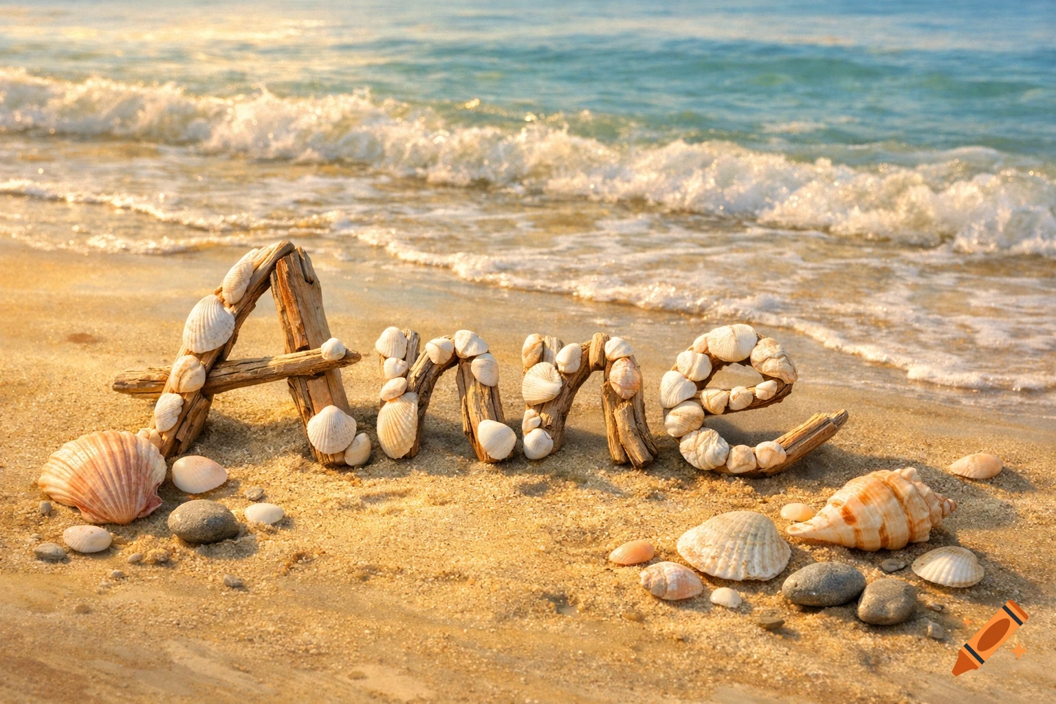 The name Anne spelled out with driftwood and seashells on a sandy beach, with waves in the background.