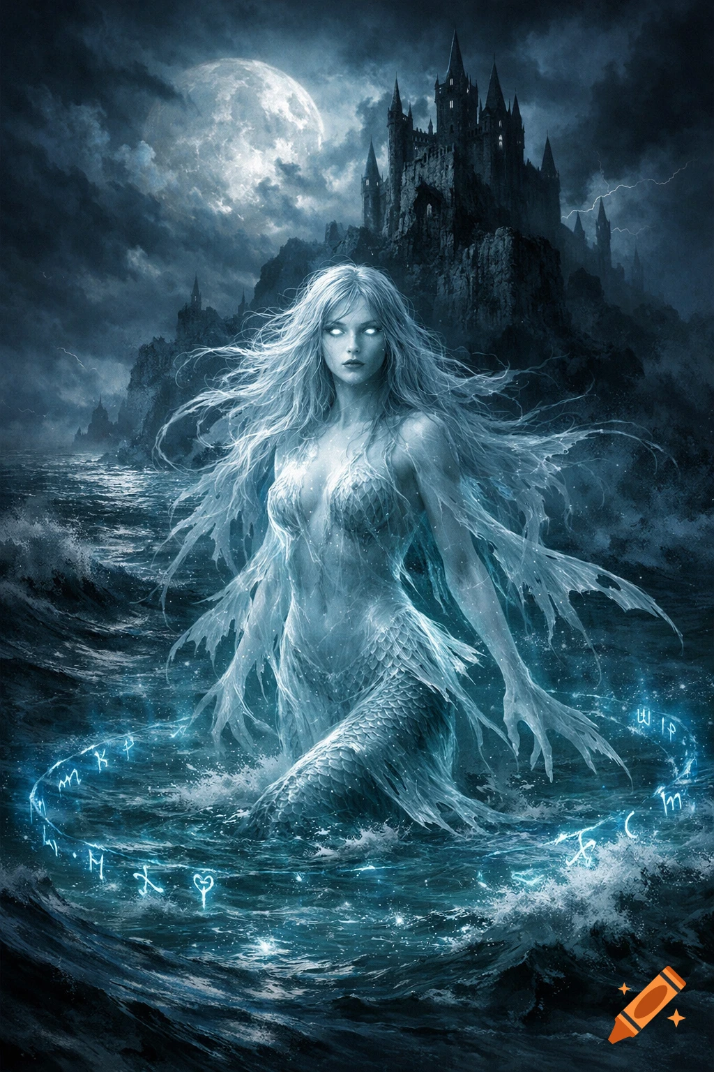 Ethereal ghostly mermaid rises from dark, stormy ocean waves under a full moon, with a towering dark castle on a cliff behind her.