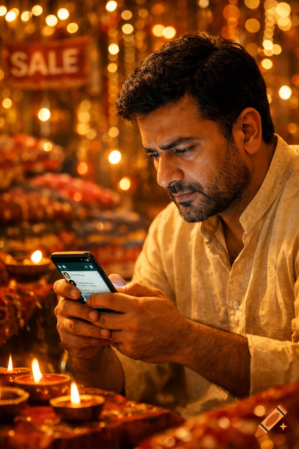 A photorealistic image of an Indian man using his phone amidst festive Diwali decorations and glowing diyas.