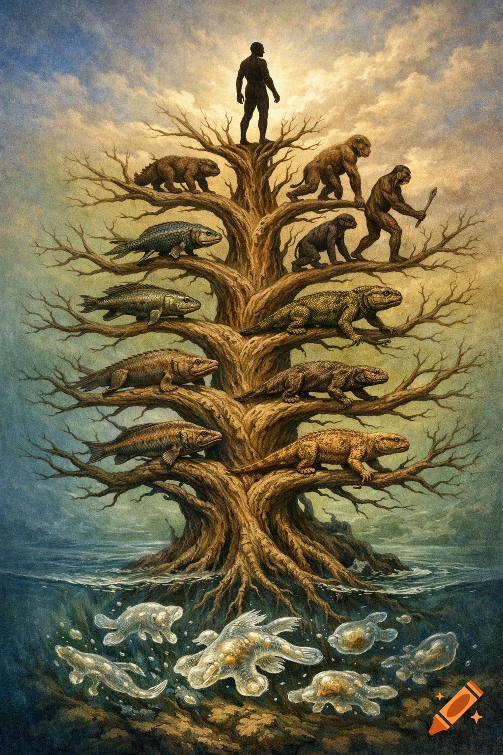A stylized painting depicting the tree of life, illustrating evolution from aquatic organisms to fish, reptiles, mammals, and a standing human atop a tree with roots in water.