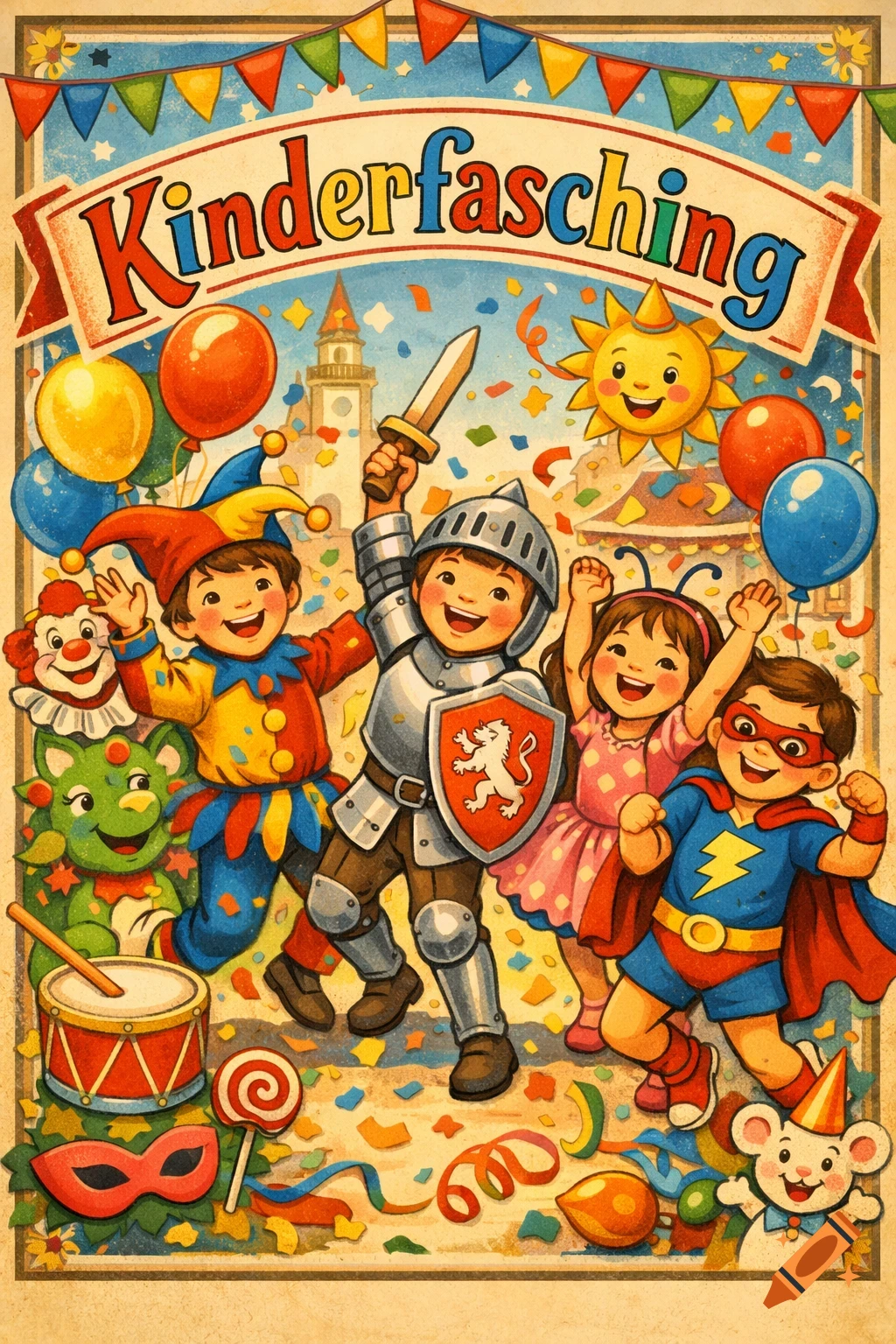 Vintage poster illustration of joyful children in costumes celebrating Kinderfasching with confetti and balloons.