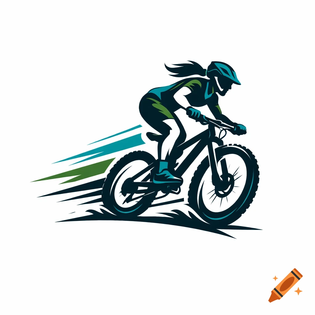 Stylized logo of a woman riding a mountain bike with speed lines.